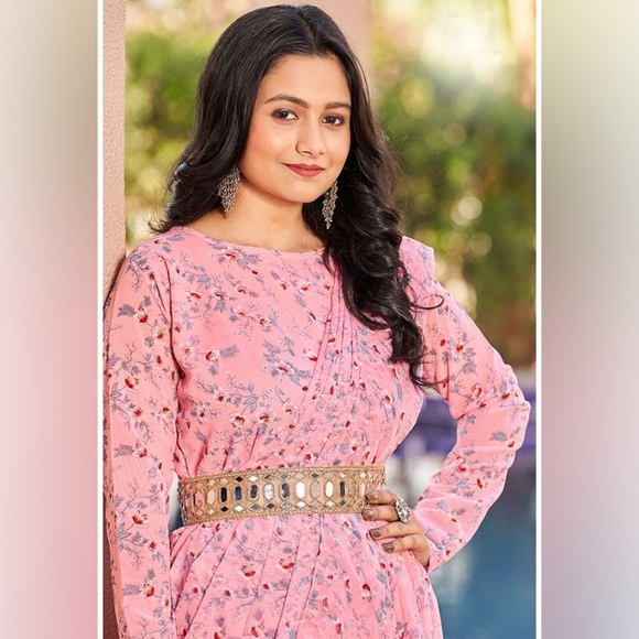 Carnation Pink Printed Georgette Gown with Belt - Picture 2 of 2